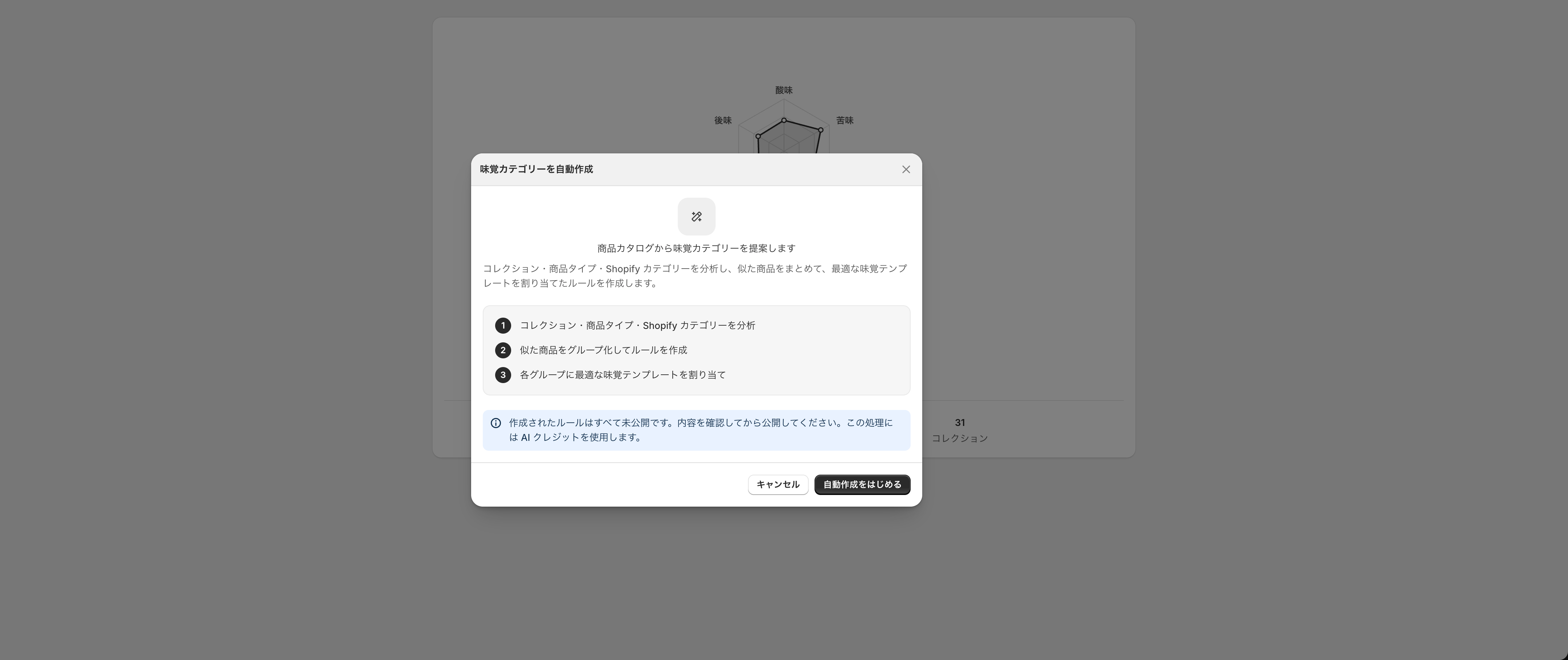 「味覚カテゴリーを自動作成」の確認画面