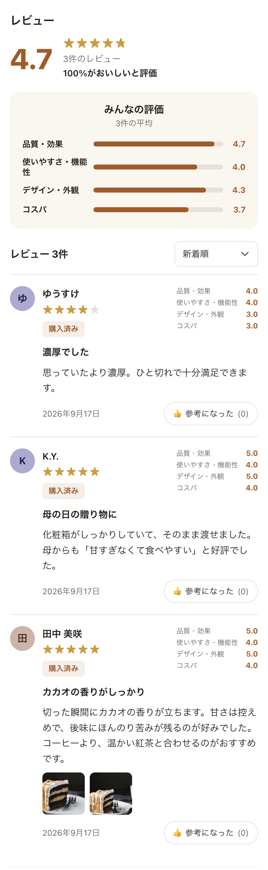 食品以外の商品で表示される「みんなの評価」の項目バー